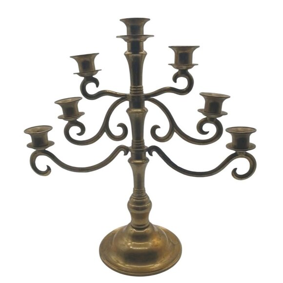 Vintage Large 16" X 16" Solid Brass Menorah Candelabra 7 Arm Candle Holder MCM - Picture 10 of 10